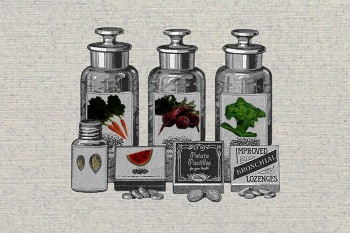 Illustration of old pill bottles with veggies on them